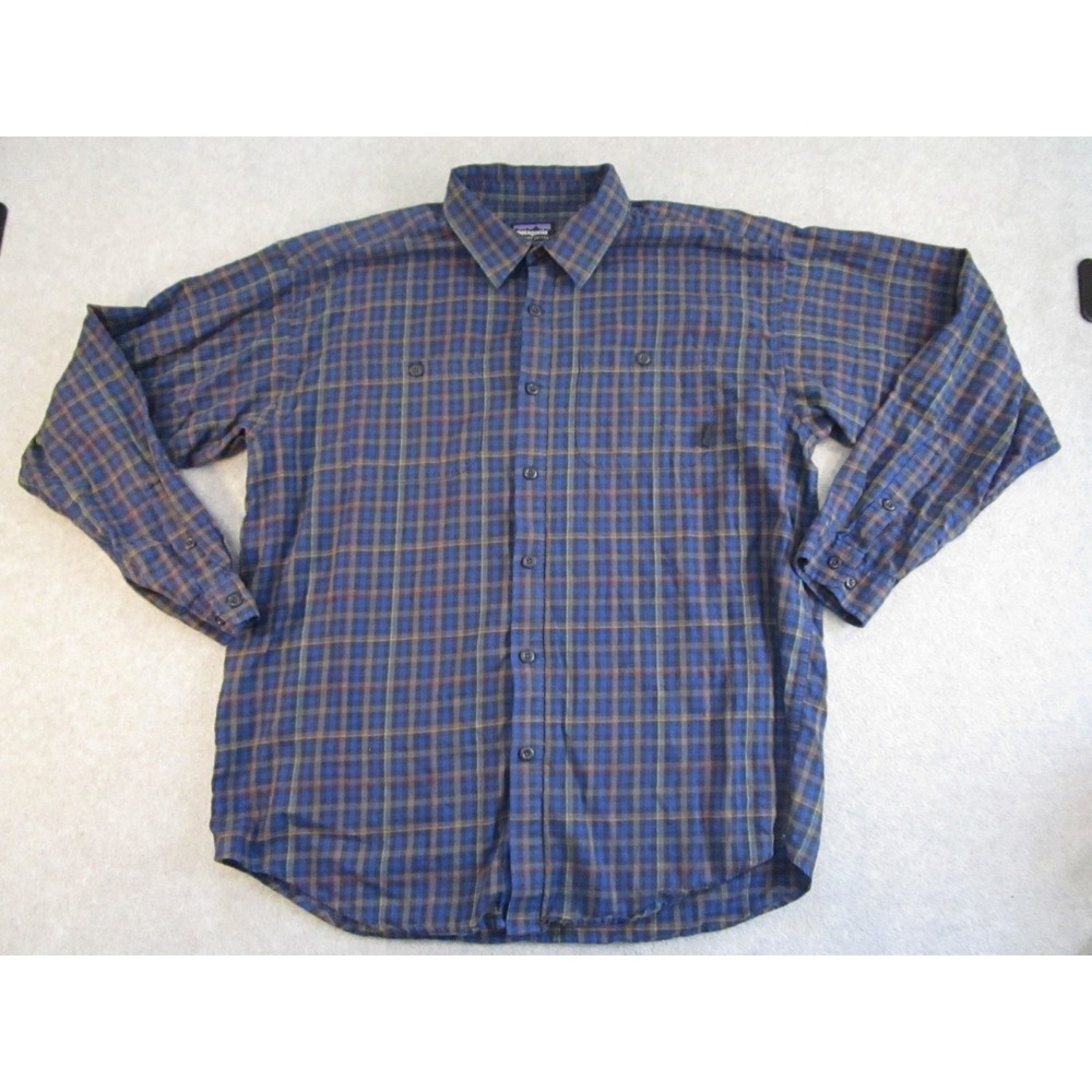Patagonia Shirt Mens Large Blue Plaid Pima Cotton Flannel Hiking Outdoor